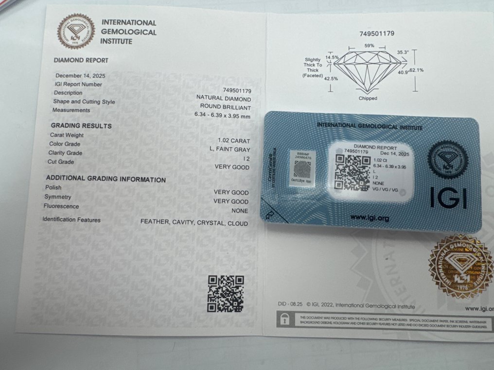 没有保留价 - 1 pcs 钻石 (天然) - 1.02 ct - 圆形 - L - I2 内含二级 - 国际宝石研究院(IGI) - L #2.1