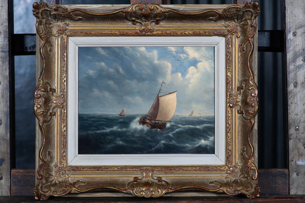 Egide Linnig (1821-1860), Efter - Zeegezicht met Boten (NO RESERVE) #1.0