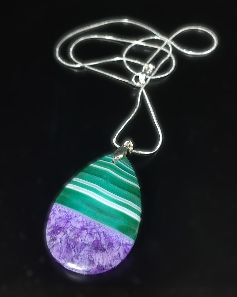 非常漂亮的条纹玛瑙925银项链,免运费 - 吊墜頸鏈 #4.3