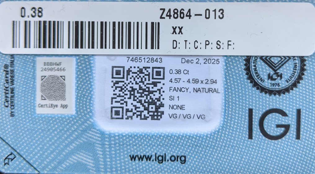 没有保留价 - 1 pcs 钻石  (天然色彩的)  - 0.38 ct - 圆形 - Fancy light 稍帶棕色的, 稍帶綠色的 黄色 - SI1 微内含一级 - 国际宝石研究院（IGI） #3.2