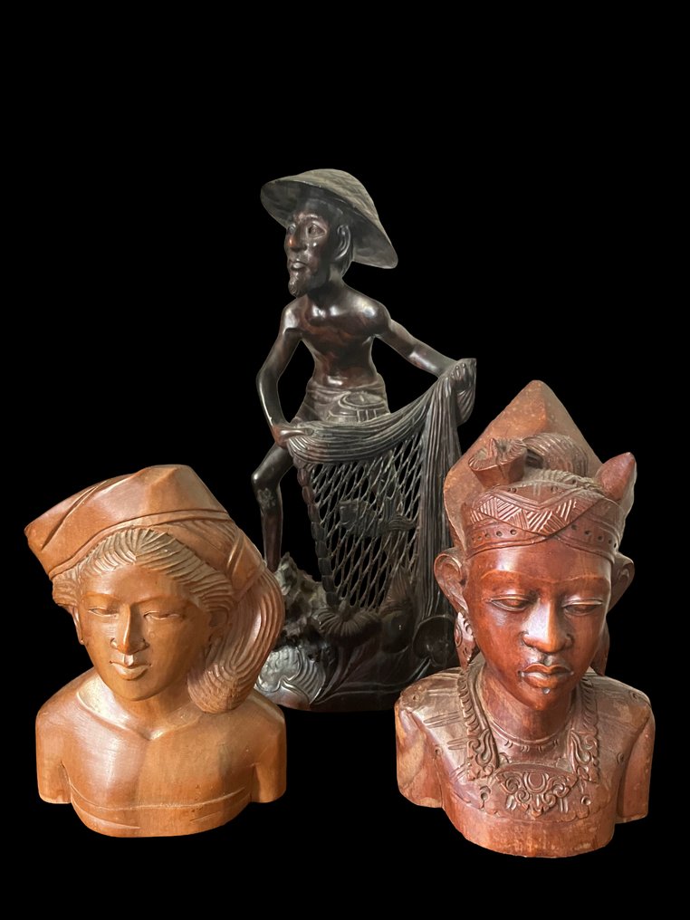 Set of 3 hand-carved figures Bali - Estátua - Indonésia (Sem preço de reserva) #1.0