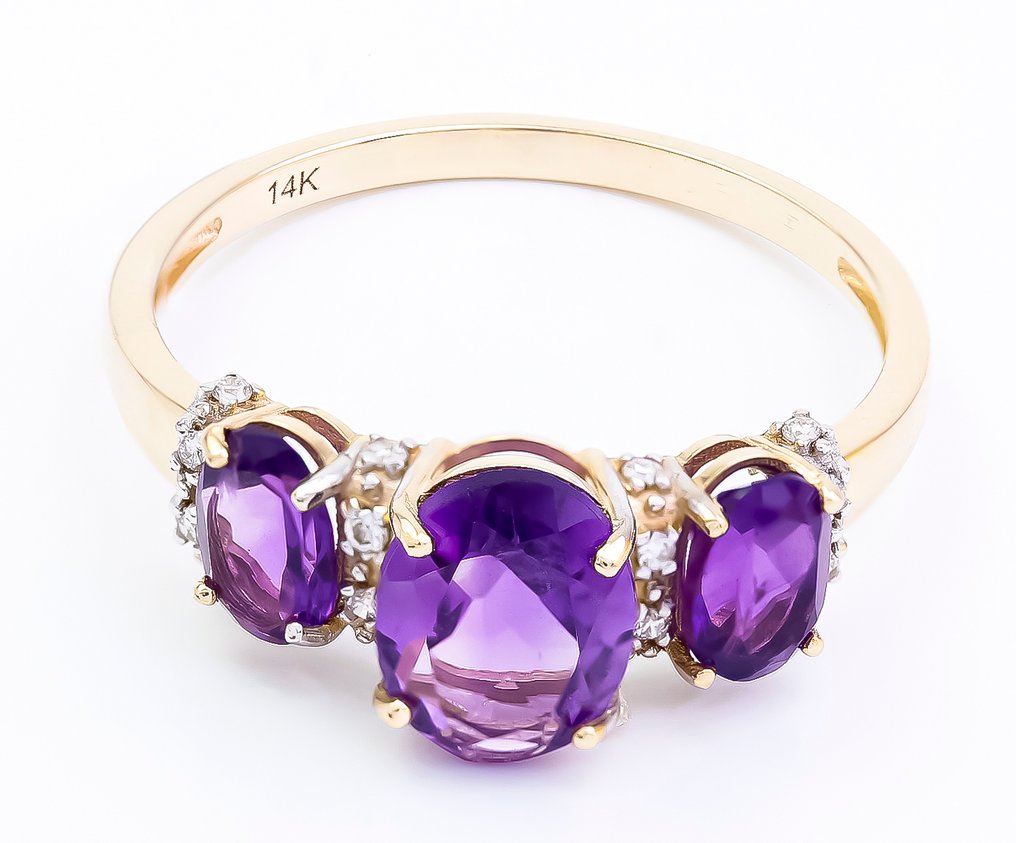没有保留价 - 戒指 - 14K包金 黄金 紫水晶 - 钻石 - US-7 #1.0