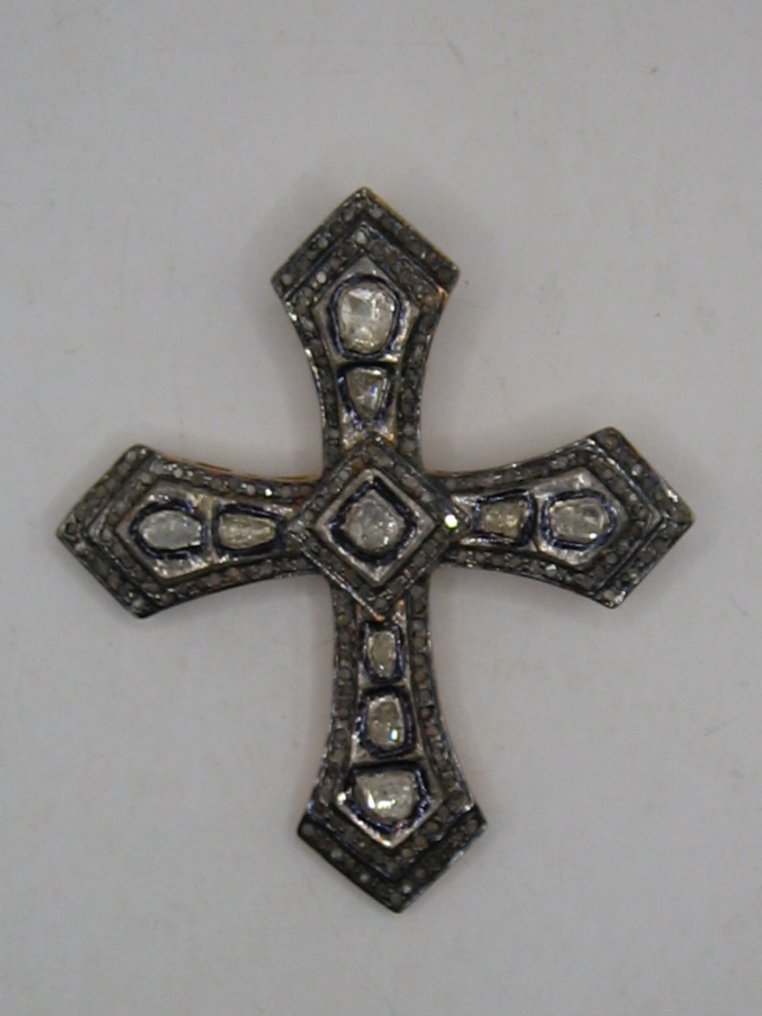 十字架吊坠 大主教十字钻石玫瑰，6毫米，100颗钻石，银镀金，葡萄牙，约1800年 #1.0