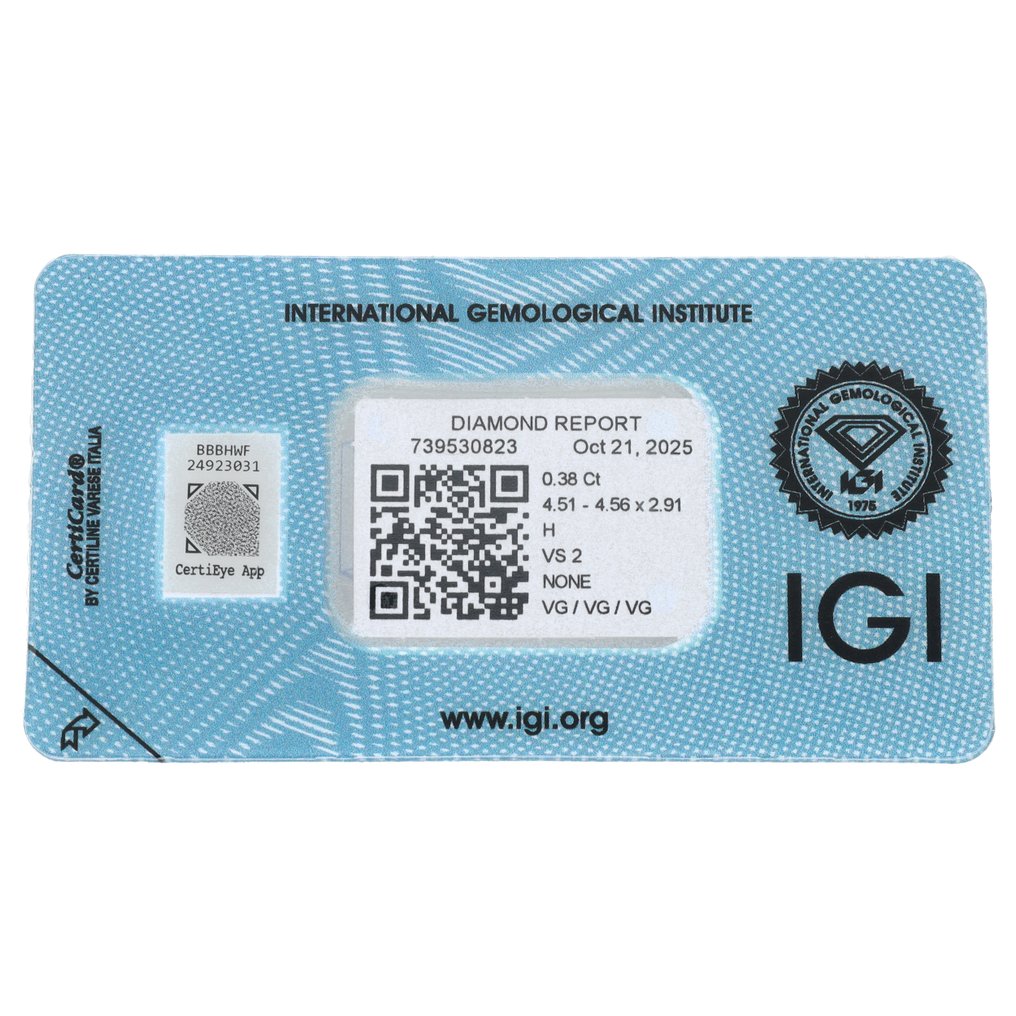 没有保留价 - 1 pcs 钻石 (天然) - 0.38 ct - 圆形 - H - VS2 轻微内含二级 - 国际宝石研究院(IGI) #2.1