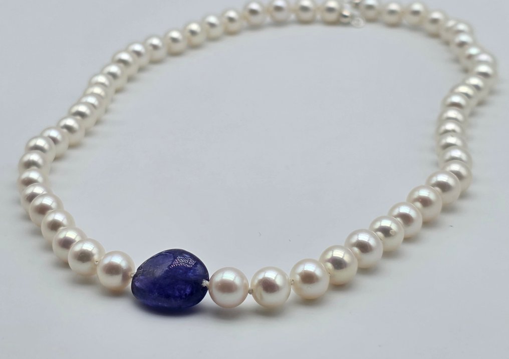 没有保留价 - 项链 - 18K包金 白金 珍珠 - 坦桑石 - 6.9 至 7.2 的阿科雅珍珠 #2.1