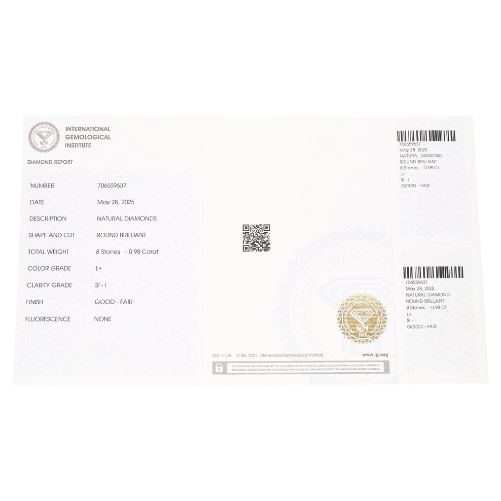 没有保留价 - 8 pcs 钻石  (天然)  - 0.98 ct - 圆形 - L - I1 内含一级, SI1 微内含一级 - 国际宝石研究院（IGI） #3.2