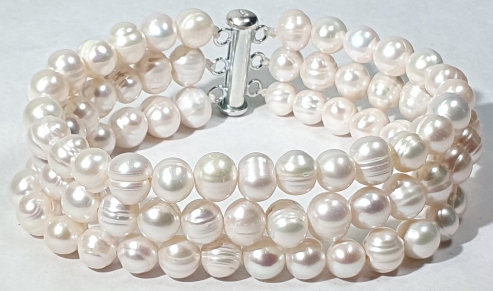 天然淡水珍珠 - 3圈 - 一等品 - 平静与安宁 - 925纯银 - 手镯 #1.0