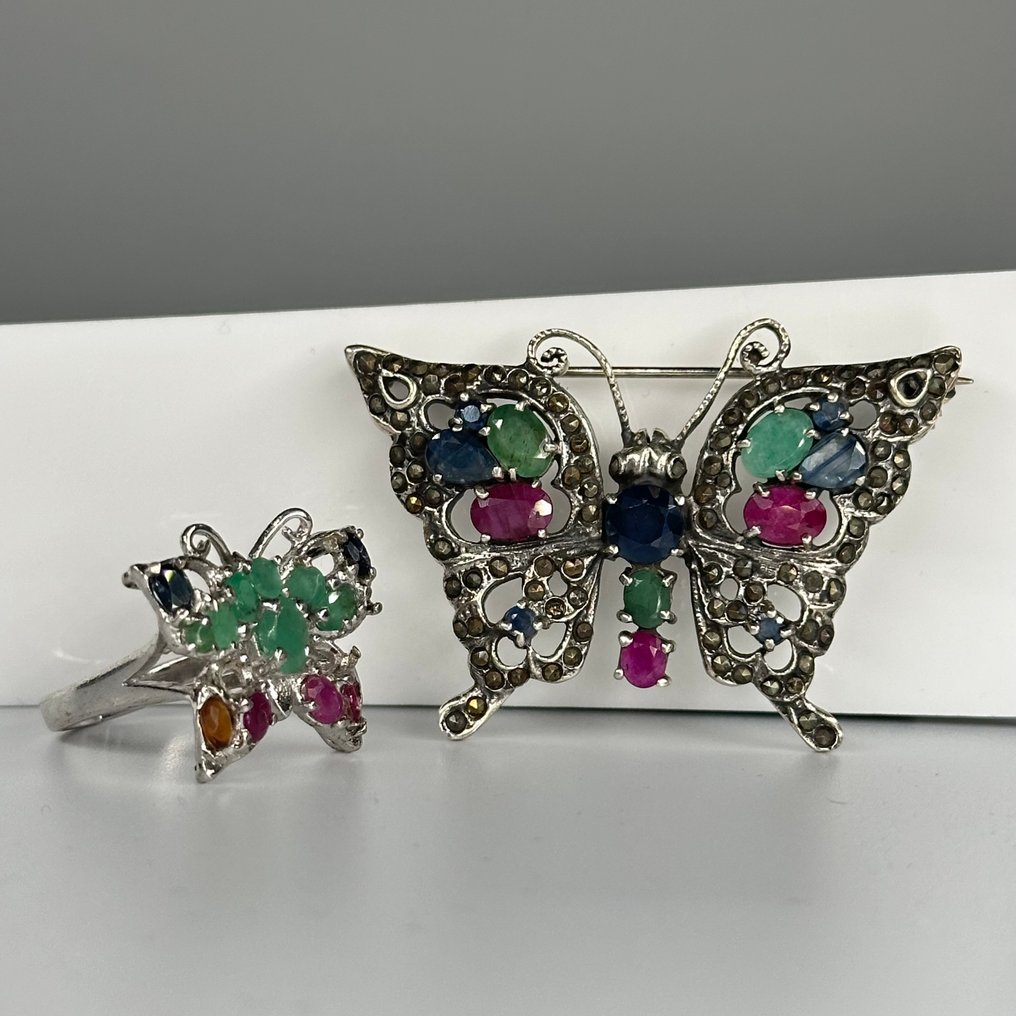 沒有保留價 - 兩件珠寶套裝 925纯银戒指与胸针 混合寶石 #4.3