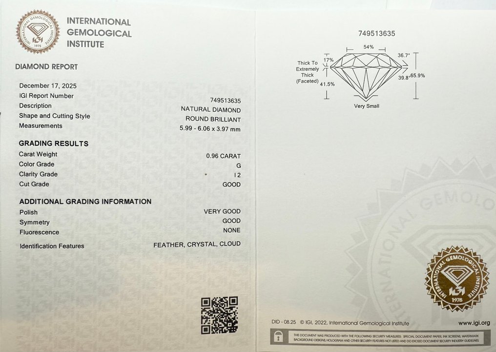 没有保留价 - 1 pcs 钻石 (天然) - 0.96 ct - 圆形 - G - I2 内含二级 - 国际宝石研究院(IGI) #2.1