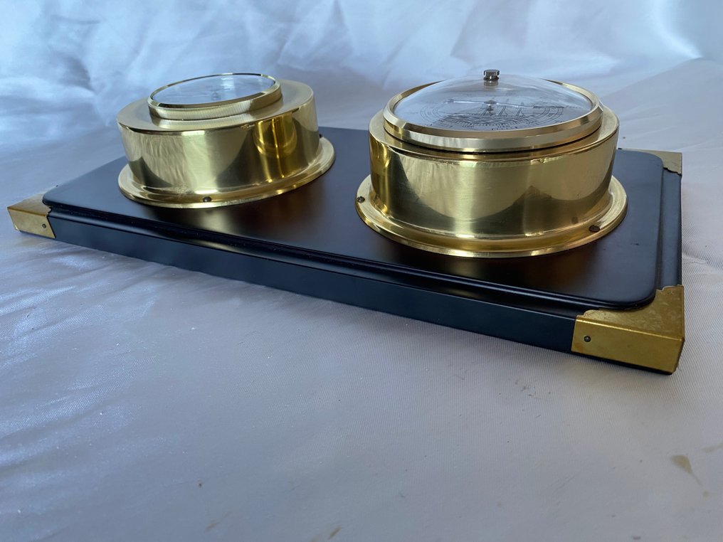 航海用品 - 气象站 时钟和无液压气压计，木头和青铜上 #3.2