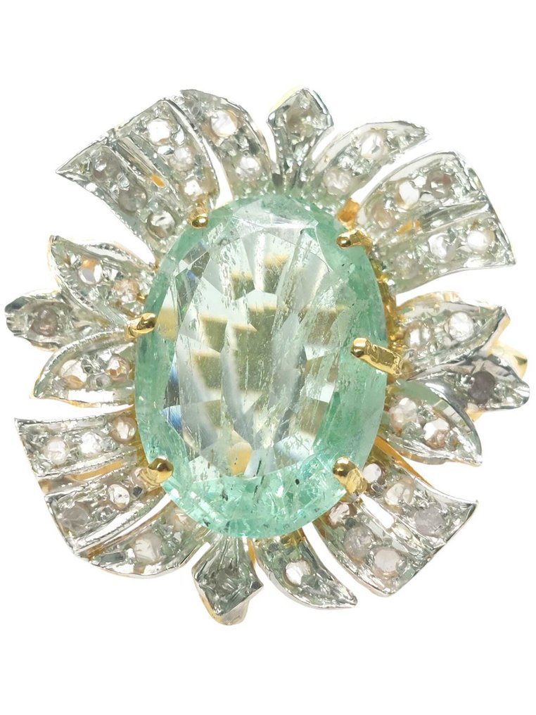 χωρίς τιμή ασφαλείας - Δαχτυλίδι - 9 kt. Ασημί, Κίτρινο χρυσό Σμαράγδι - Διαμάντι #1.0