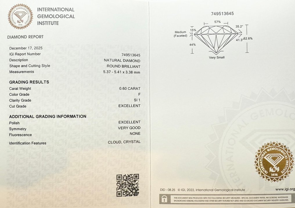 没有保留价 - 1 pcs 钻石  (天然)  - 0.60 ct - 圆形 - F - SI1 微内含一级 - 国际宝石研究院（IGI） #2.1