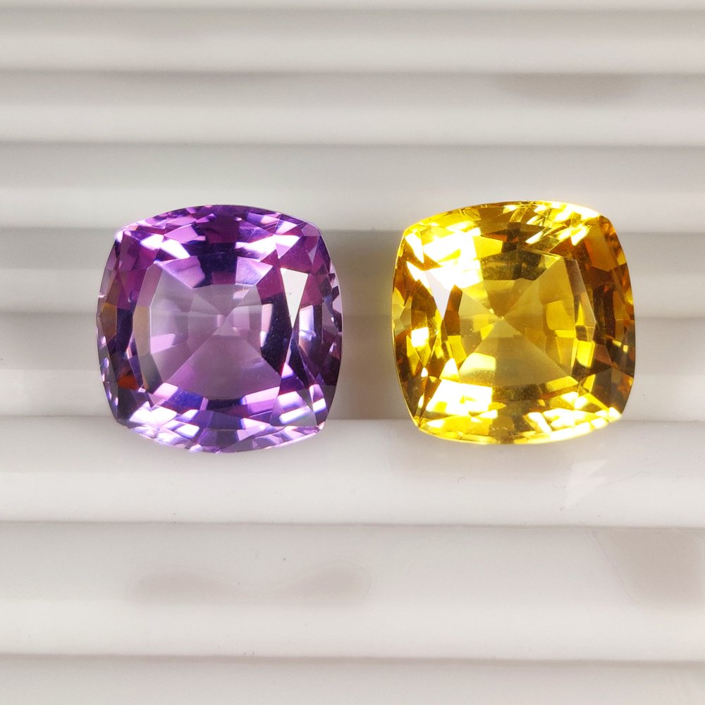 2 pcs Gelb, Lila Citrin, Amethyst - 32.60 ct - International Colored Gemstone Association (ICA GemLab) - Reverse Pair! #1.0
