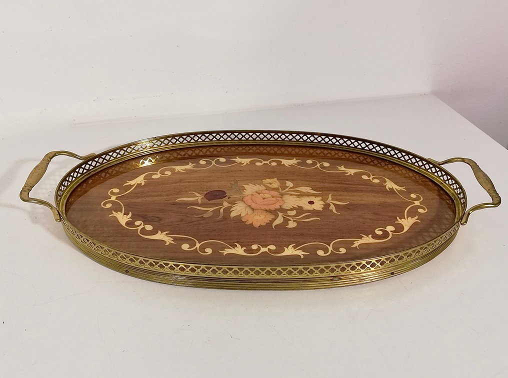 托盘 - 椭圆形威尼斯托盘，带有花卉镶嵌，1950年代 - 镀金黄铜 - 镶嵌木材 #1.0