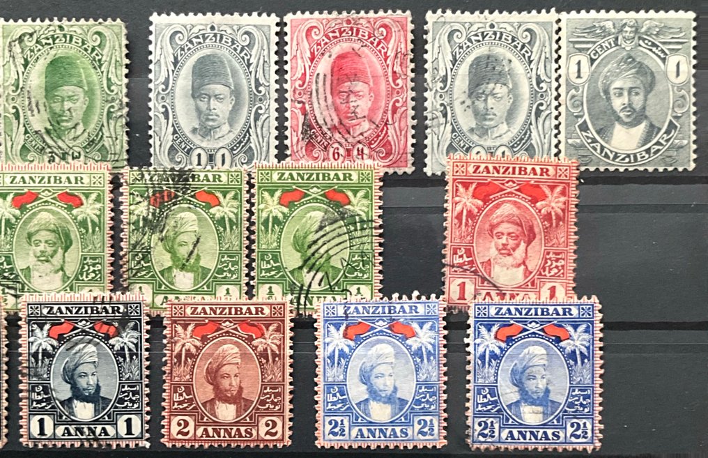 大英國協 1886/1932 - 七張豐富的郵票卡片，郵票來自桑給巴爾、黃金海岸、德蘭士瓦和英屬南非。 - Michel #3.2