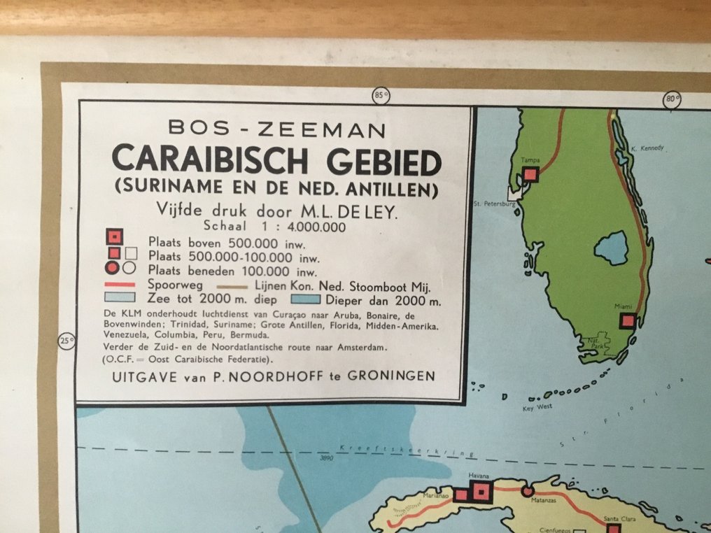P Noordhoff Groningen. - Όμορφη παλιά σχολική αφίσα, χάρτης της Καραϊβικής περιοχής (Σουρινάμ και Ολλανδικές Αντίλλες) - Bos - Zeeman - Σχολικός χάρτης - λινό, ξύλο #3.2