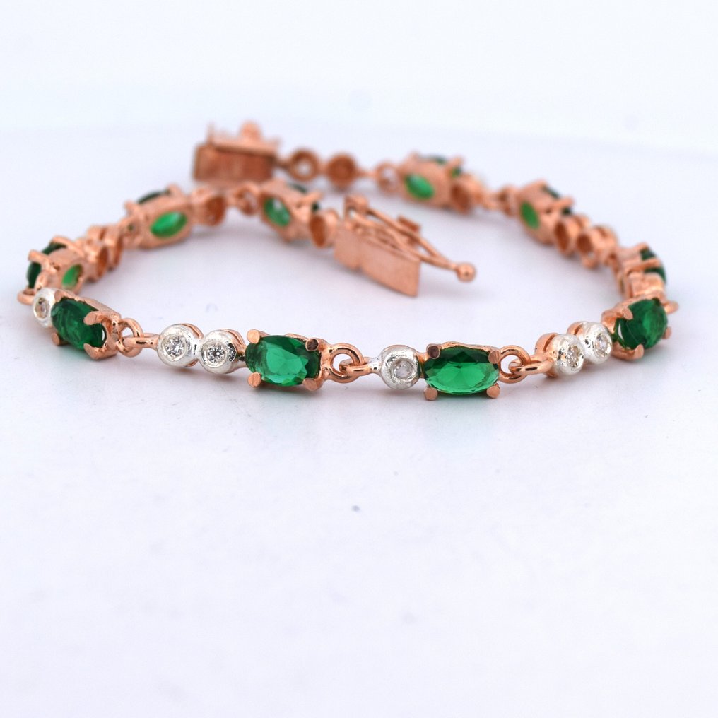 χωρίς τιμή ασφαλείας - Βραχιόλι - 9 kt. Ροζ χρυσό, Ασημί -  6.07ct. tw. Σμαράγδι - Διαμάντι #2.1