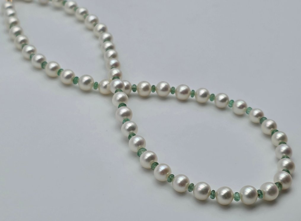 没有保留价 - 项链 - 18K包金 黄金 珍珠 - 祖母绿 #3.2