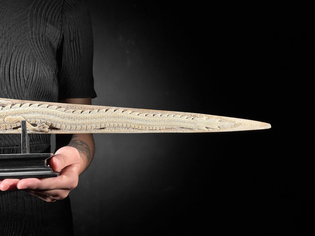 无底价-令人惊叹的大型包浆剑鱼吻部，配有定制底座-龙虎图案 喙 - Xiphias Gladius - 13 cm - 85 cm - 6 cm- 非《瀕臨絕種野生動植物國際貿易公約》物種 -  (1) #4.3