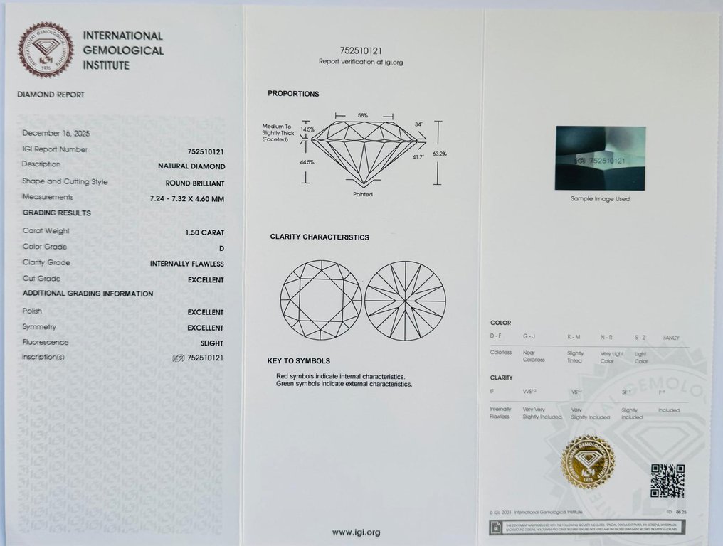 1 pcs 钻石 (天然) - 1.50 ct - 圆形 - D (无色) - IF - 国际宝石研究院(IGI) - *3EX SL* #3.2