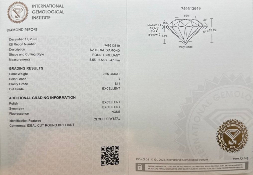 没有保留价 - 1 pcs 钻石  (天然)  - 0.66 ct - 圆形 - J - SI1 微内含一级 - 国际宝石研究院（IGI） #2.1