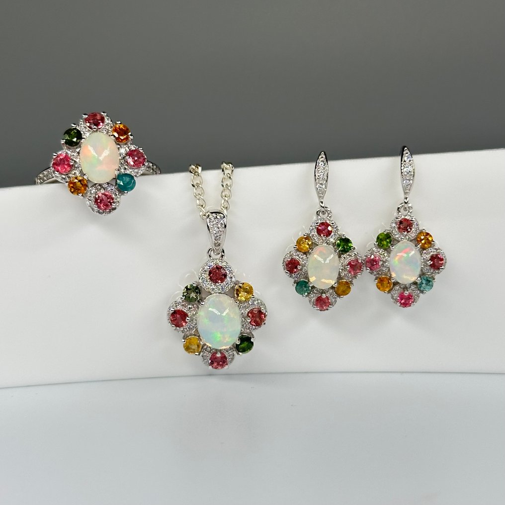 沒有保留價 - 三件珠寶套裝 925纯银戒指项链配吊坠及耳环 蛋白石 - 電氣石 #3.2