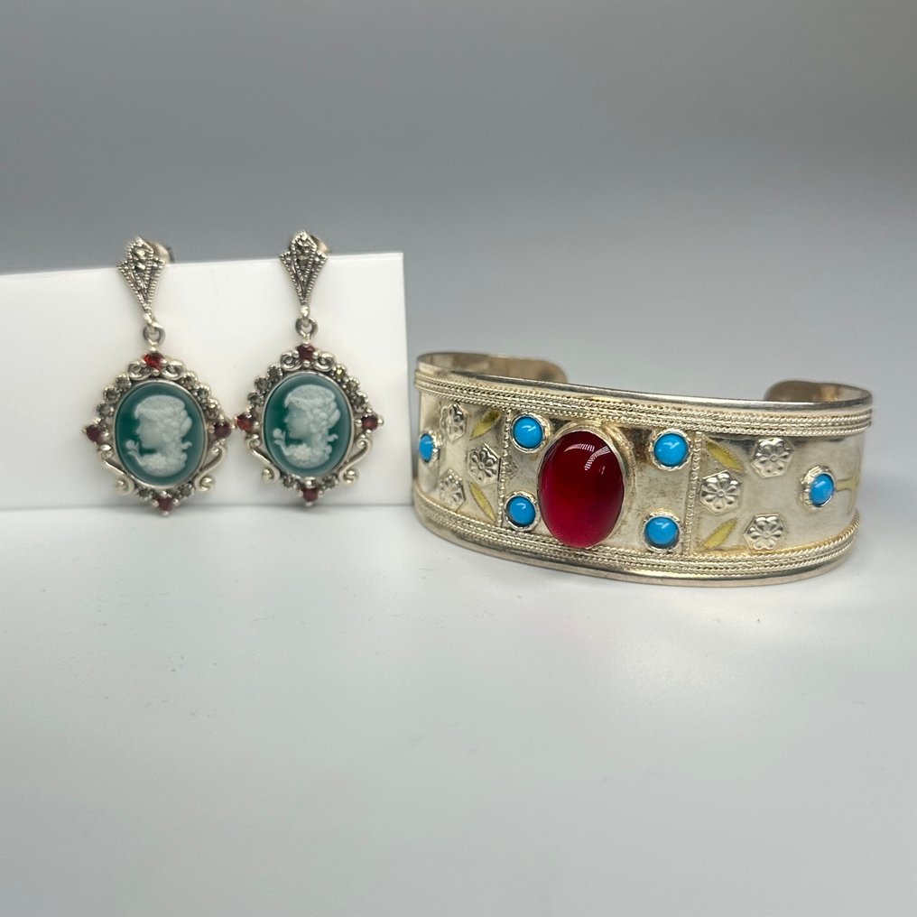 沒有保留價 - 兩件珠寶套裝 925银手链与耳环 混合寶石 #1.0