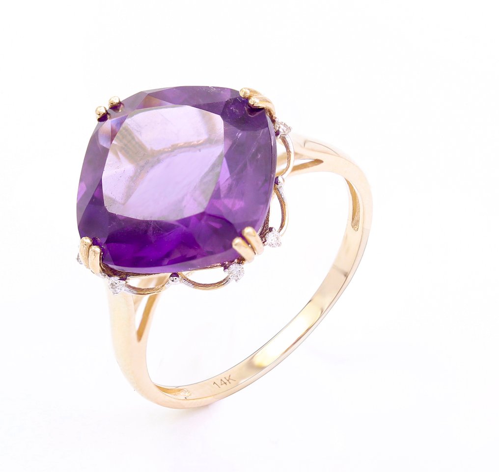 没有保留价 - 戒指 - 14K包金 黄金 紫水晶 - 钻石 - US-7 #1.0