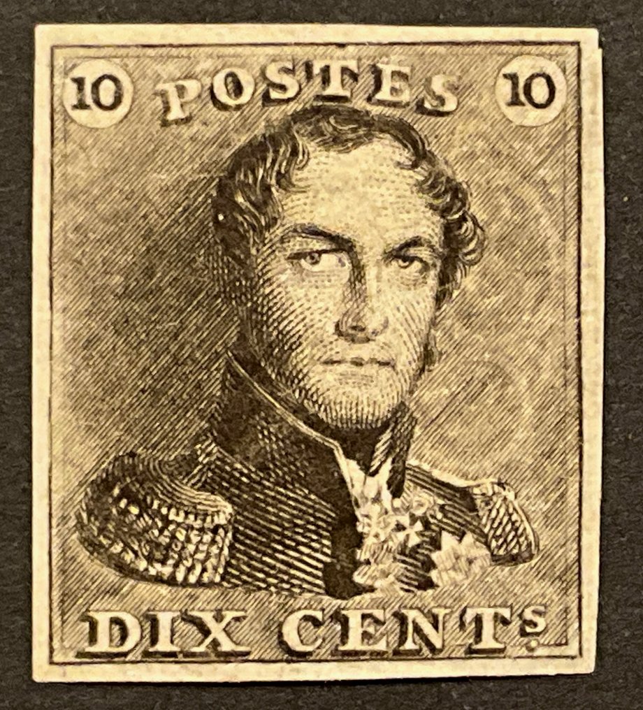 Βέλγιο 1849 - Epaulet 1 - 10c Γκριζόκαρφο - Υπέροχα περιθώρια - Variëteit 1 «Τρίγωνο πάνω από το T των POSTES» - OBP/COB 1a-V1 - pos.24 - Met certificaat Pierre Kaiser #1.0