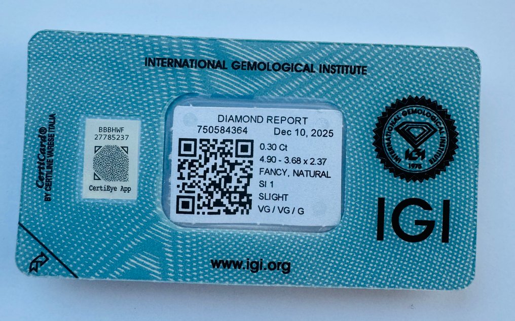 没有保留价 - 1 pcs 钻石  (天然色彩的)  - 0.30 ct - 椭圆形 - Fancy intense 稍帶棕色的 黄色 - SI1 微内含一级 - 国际宝石研究院（IGI） #1.0