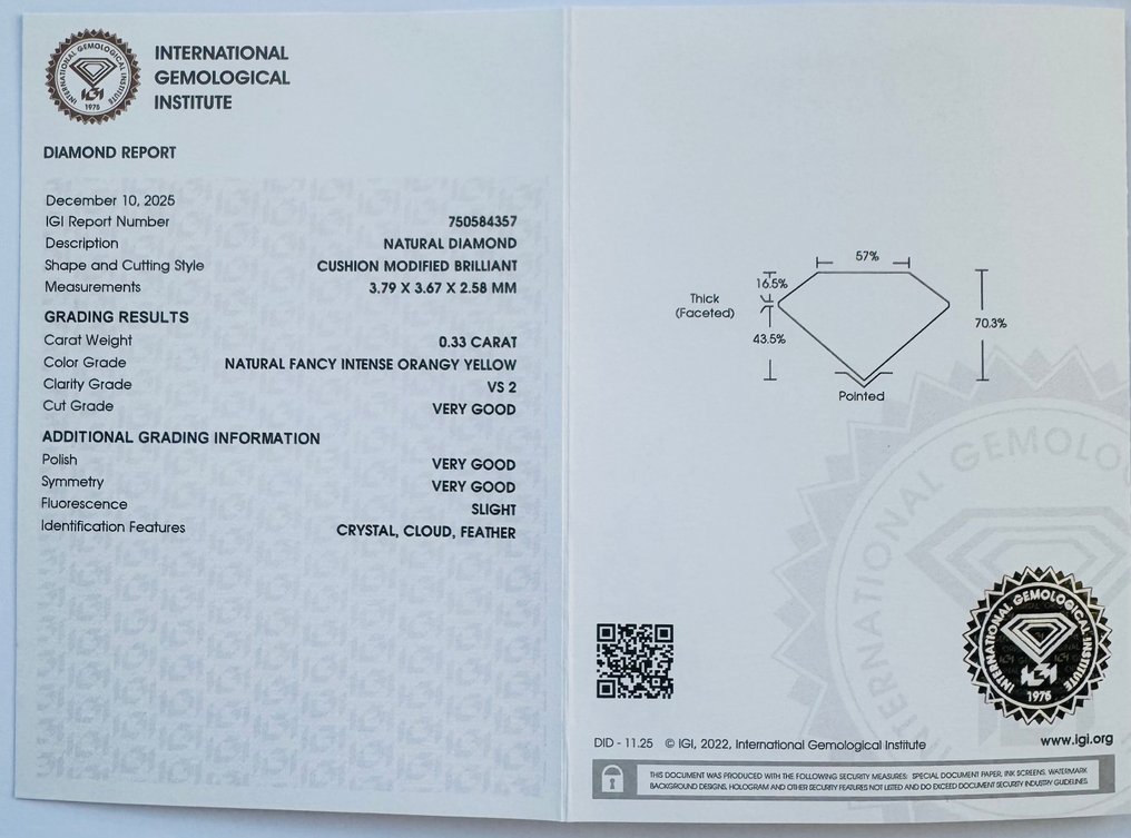 没有保留价 - 1 pcs 钻石  (天然色彩的)  - 0.33 ct - 枕形 - Fancy intense 似橙色 黄色 - VS2 轻微内含二级 - 国际宝石研究院（IGI） - *VG SL* #3.2