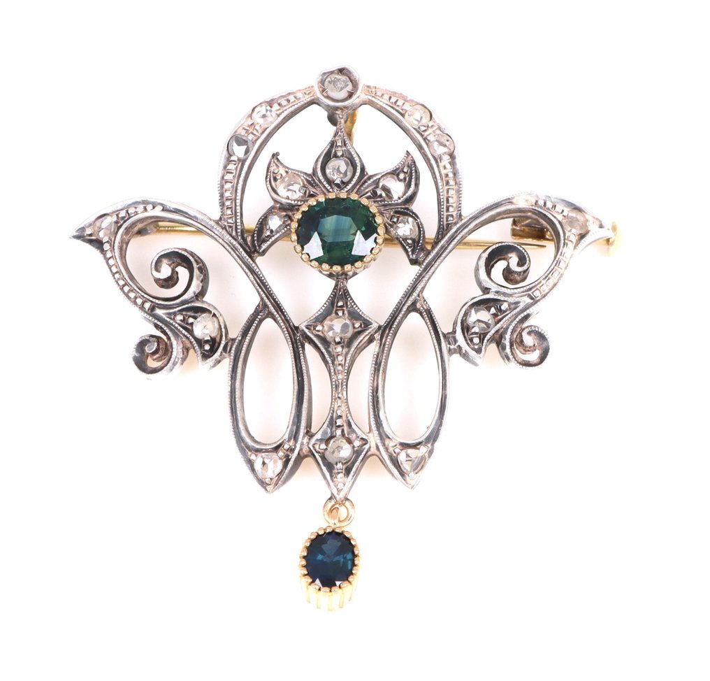 χωρίς τιμή ασφαλείας - Καρφίτσα - 18 καράτια Κίτρινο χρυσό, Ασημί -  1.00ct. tw. Ζαφείρι - Διαμάντι #1.0