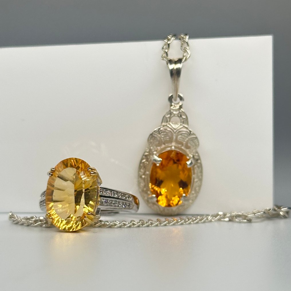 χωρίς τιμή ασφαλείας - Σετ κοσμημάτων 2 τεμαχίων Ασήμι 925 μενταγιόν και δαχτυλίδι φυσικό Κιτρίνης #3.2