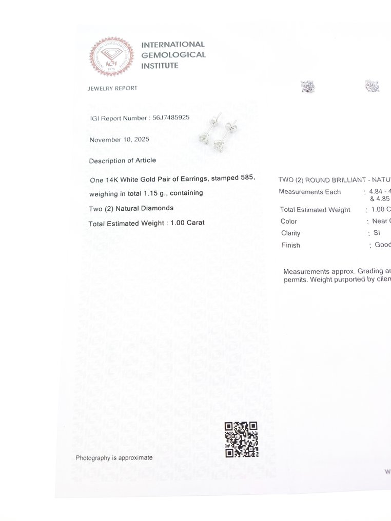 χωρίς τιμή ασφαλείας - Σκουλαρίκια - 14 καράτια Λευκός χρυσός -  1.00ct. tw. Διαμάντι (Φυσικό) - Πιστοποιητικό IGI #3.2