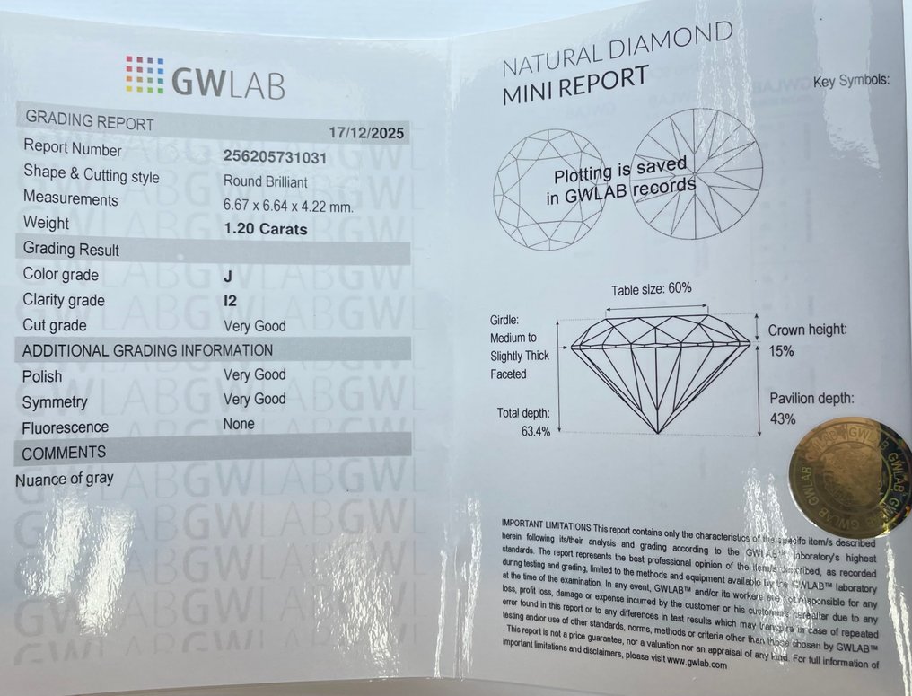 χωρίς τιμή ασφαλείας - 1 pcs Διαμάντι  (Φυσικό)  - 1.20 ct - Στρογγυλό - J - I2 - Gemewizard Gemological Laboratory (GWLab) #2.1