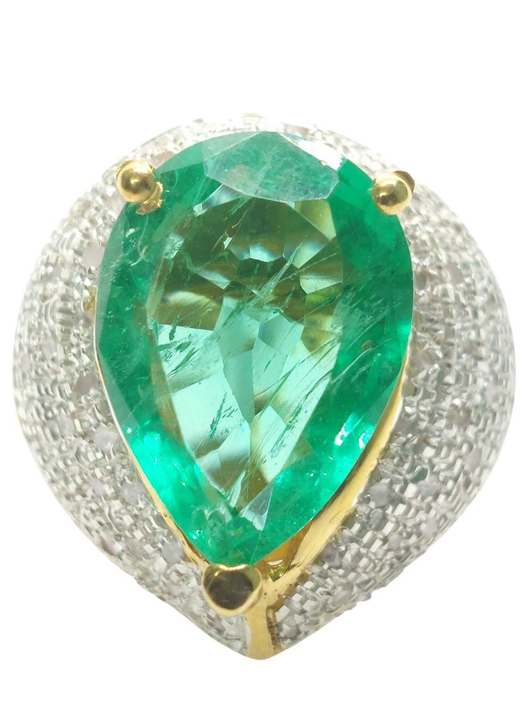 χωρίς τιμή ασφαλείας - Δαχτυλίδι - 9 kt. Ασημί, Κίτρινο χρυσό Σμαράγδι - Διαμάντι #1.0