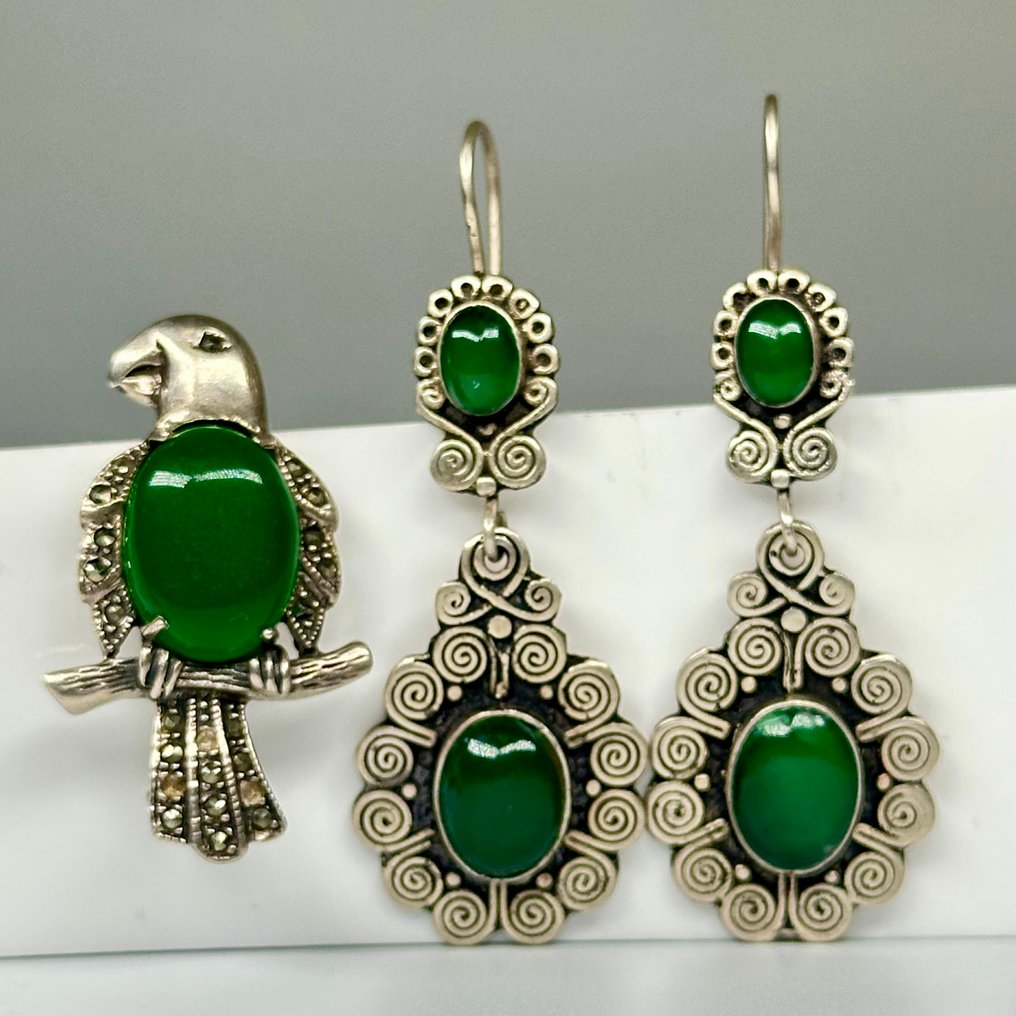 Senza prezzo di riserva - Parure di gioielli da 2 pezzi Spilla e orecchini in argento sterling 925 naturali Giada #3.2