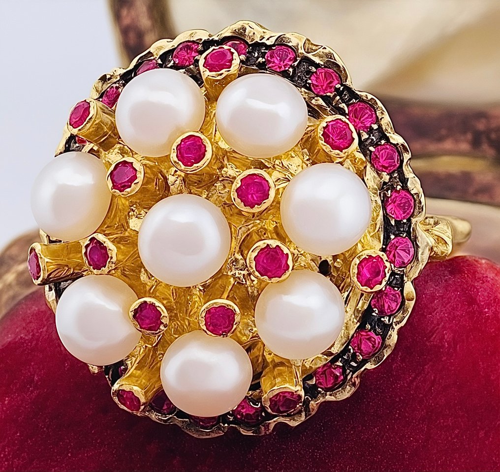 Sans prix de réserve - Bague - 9 carats Or jaune, Argent Perle - Rubis #2.1