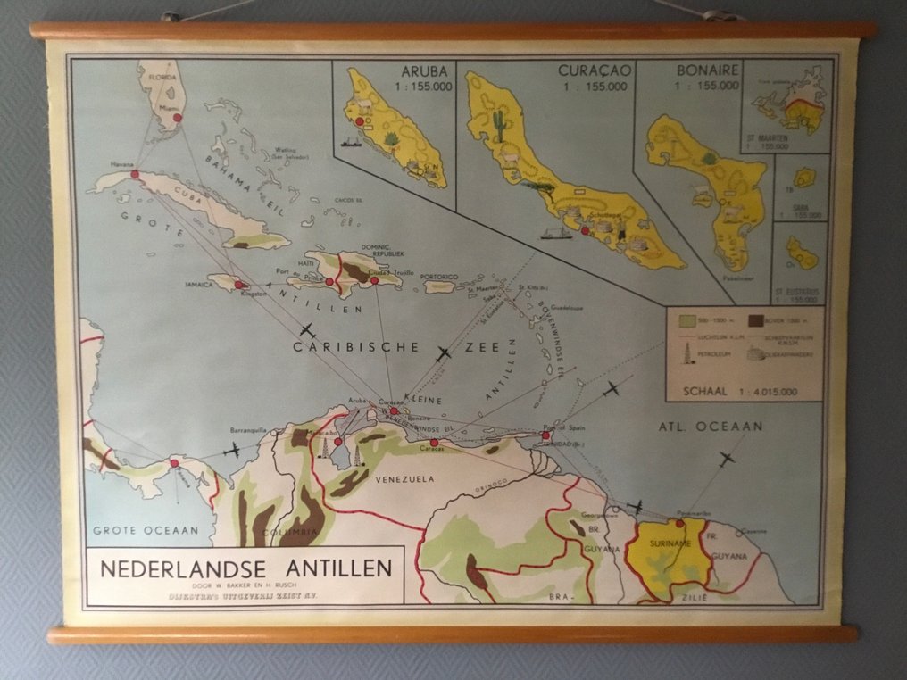 Dijkstra Zeist - Όμορφη παλιά σχολική αφίσα από τις Ολλανδικές Αντίλλες. - Bakker en Rusch - Σχολικός χάρτης - λινό, ξύλο #1.0