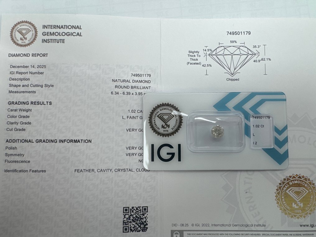 没有保留价 - 1 pcs 钻石 (天然) - 1.02 ct - 圆形 - L - I2 内含二级 - 国际宝石研究院(IGI) - L #3.2