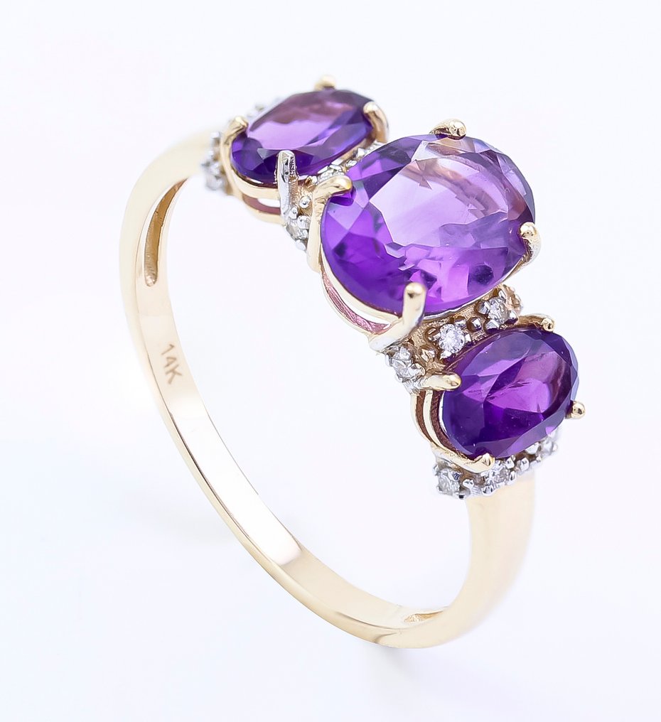 没有保留价 - 戒指 - 14K包金 黄金 紫水晶 - 钻石 - US-7 #1.0