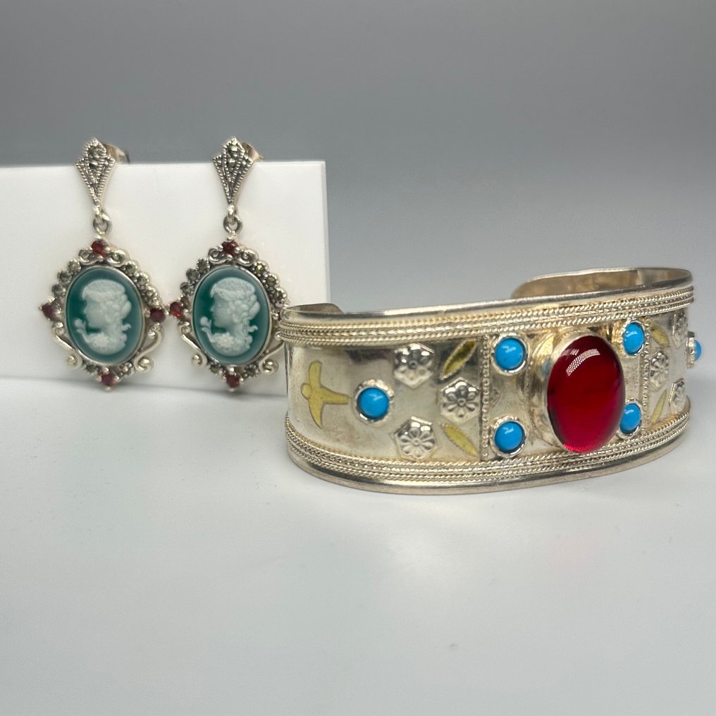 沒有保留價 - 兩件珠寶套裝 925银手链与耳环 混合寶石 #4.3