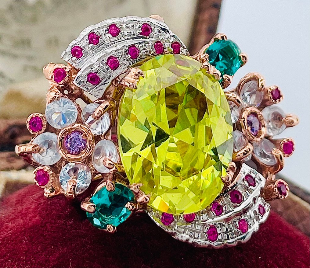 没有保留价 - 戒指 - 9 kt. 玫瑰金, 银 橄榄石 - 祖母绿 #3.2