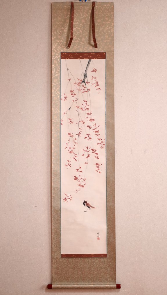 春花——垂枝樱花与麻雀——挂轴 - 手工绘制在纸上 - Taizan 對山 - 日本 - 昭和年代(1926-1989) #1.0