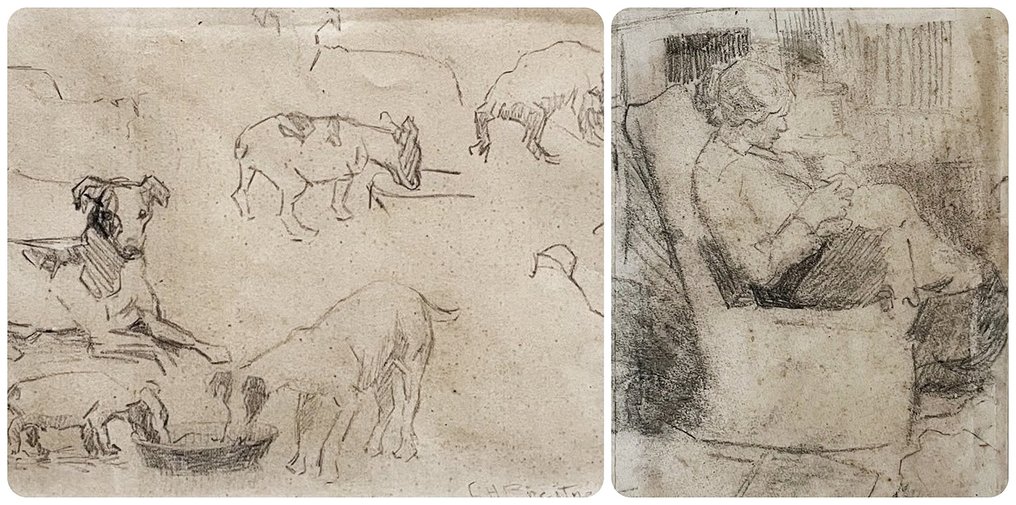 George Hendrik Breitner ( 1857 - 1923 ) - Potloodstudies hond en lezende vrouw #1.0