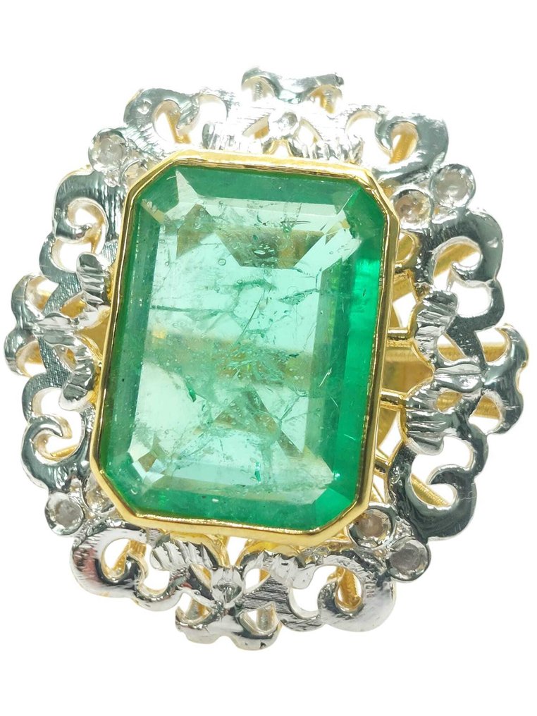 Ingen mindstepris - Ring - 9 kt. Sølv, Gulguld Smaragd - Diamant #1.0