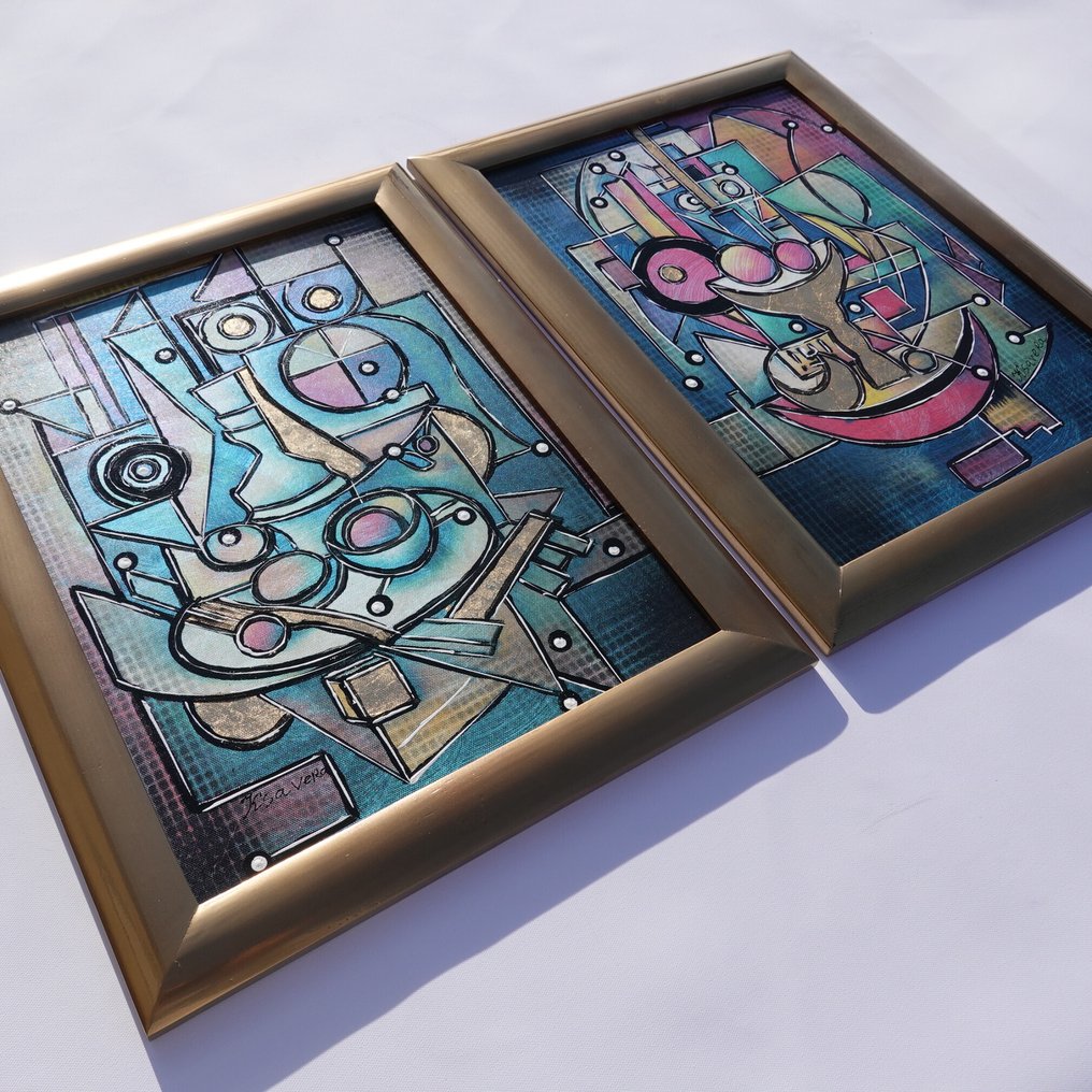 Ksavera - Gold Cubism A1439  - Pearlescent abstract paintings - diptych in gold frame #1.0