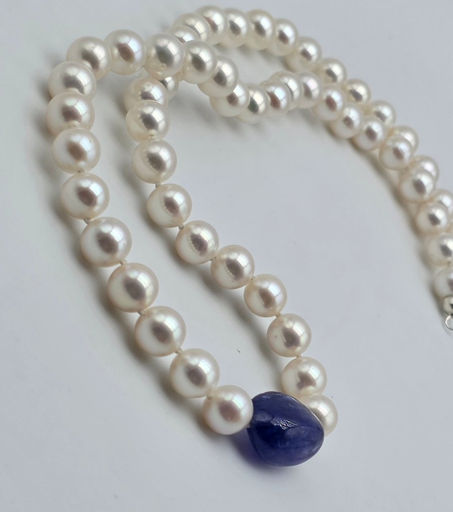 没有保留价 - 项链 - 18K包金 白金 珍珠 - 坦桑石 - 6.9 至 7.2 的阿科雅珍珠 #4.3