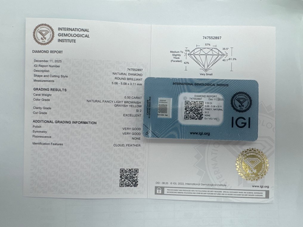 没有保留价 - 1 pcs 钻石  (天然色彩的)  - 0.50 ct - 圆形 - Fancy light 稍帶棕色的, 稍帶灰色的 黄色 - SI2 微内含二级 - 国际宝石研究院（IGI） #3.2