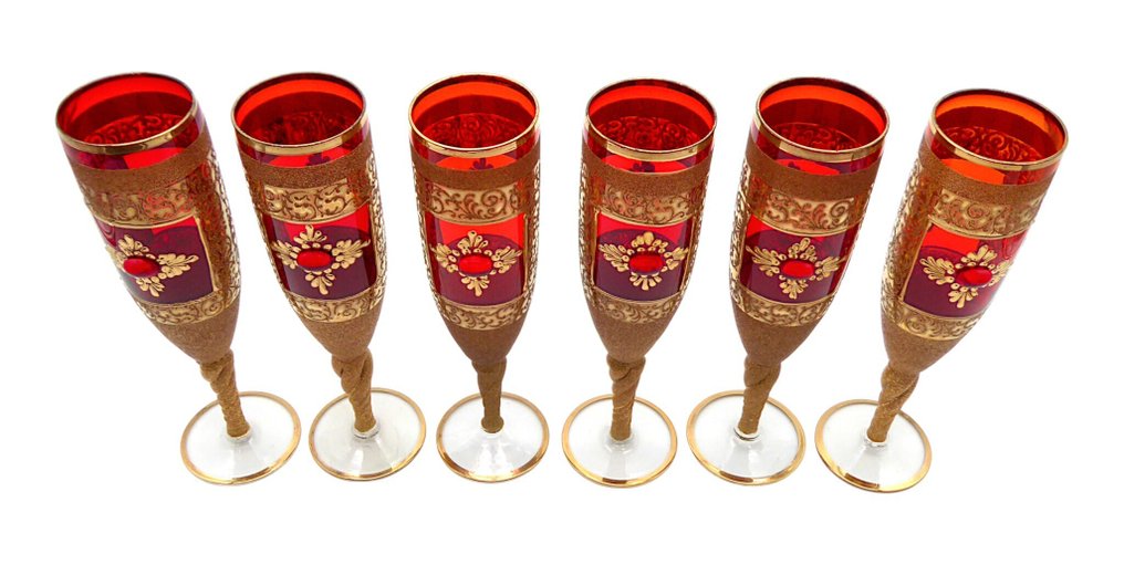 香槟笛 - x6 罗斯红宝石玻璃杯系列“奢华”金箔装饰，24k金箔工艺 - 手工吹制 Murano 玻璃 - 1950年代 #4.3